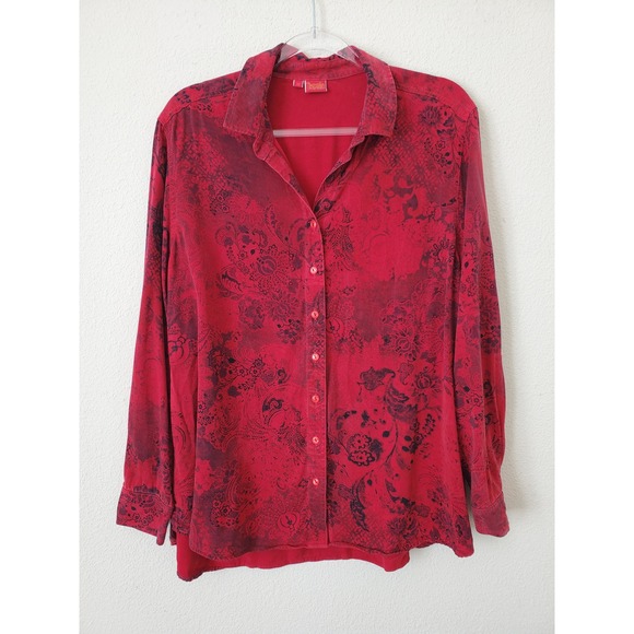Tianello Red Black Paisley Floral Tencel Blouse Top Womens Oversized M Tunic - Picture 5 of 8